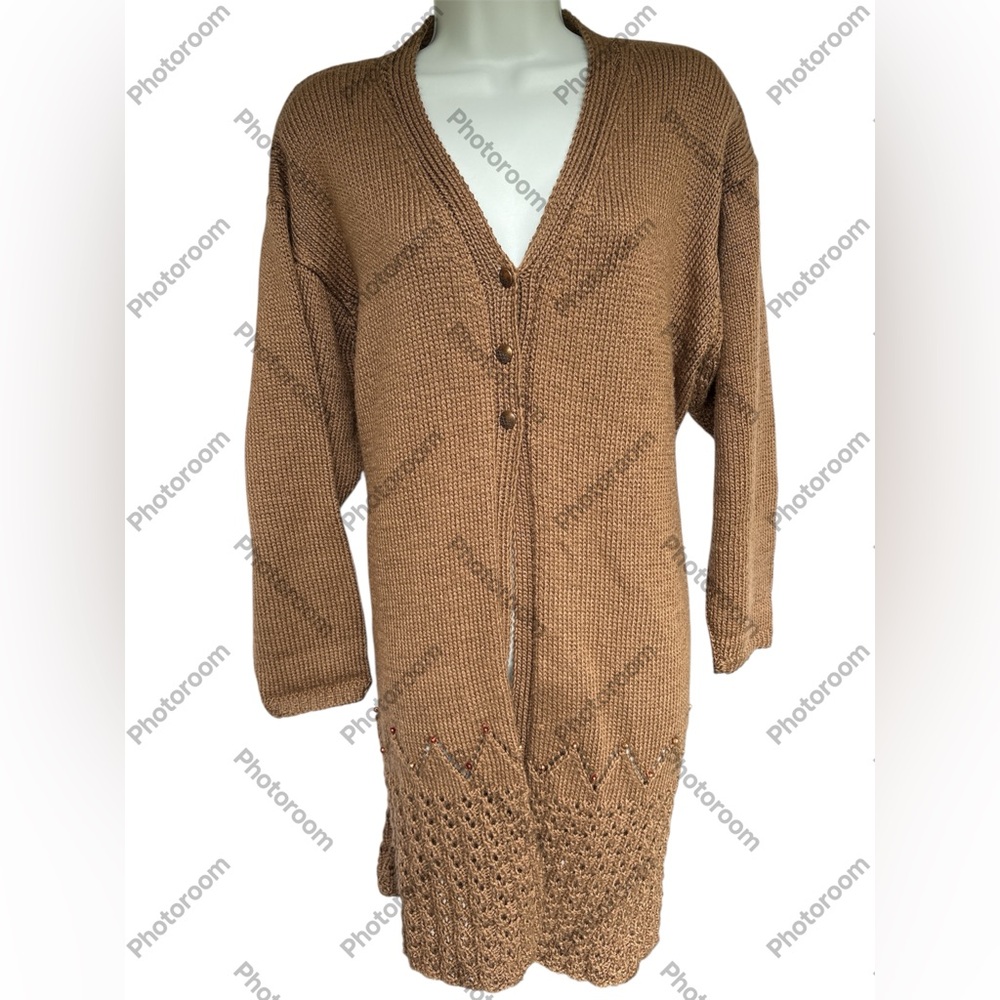 VINTAGE OOAK Handmade Warm Brown Knitted Duster Sweater ONE SIZE S - 3XL